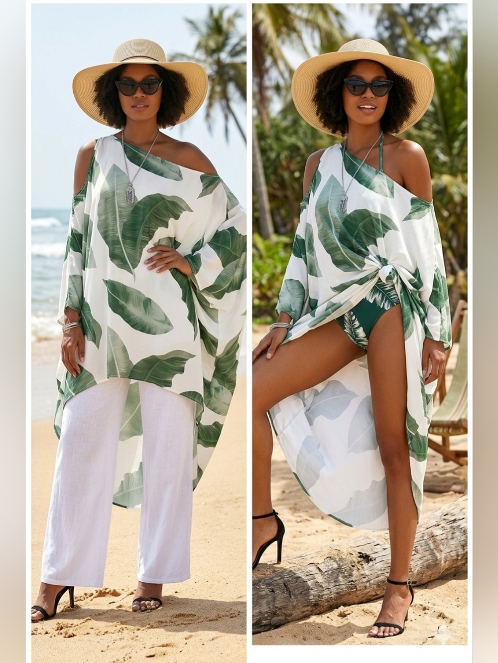 Tropical Palm Leaf High-Low Boho Tunic Beach Dress/Cover-up